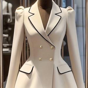 TEMU 커뮤팅 패션 풀세트 웨이스트 더블브레스트 컨트라스트 블랙 트림 카키 여성 , 우아한 가을 코트, 비즈니스 캐주얼 여성 정장, 오피스 웨어, 교사 복장, 가을 패션