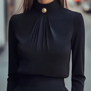 TEMU 여성용 우아한 칼라 롱 슬리브 블라우스 - 구조적인 블랙 셔츠 재킷 스타일 탑, 주름 방지 클래식 화이트 칼라 버튼 프론트, 오피스, 포멀 & 프로페셔널 웨어, 봄/가을 테일러드 핏 (스트레치 없음)