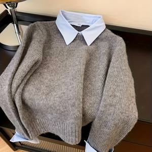 TEMU 여성 오버사이즈 플란넬 셔츠 스웨터 - 소프트 그레이 & 컬러 블로킹 칼라, 긴소매 레이어링 탑 (가을/겨울용), 캐주얼 시크 의상, 겨울 의류, 가을 패션, 스타일리시 니트웨어, 포근한 소재, 패션 애호가