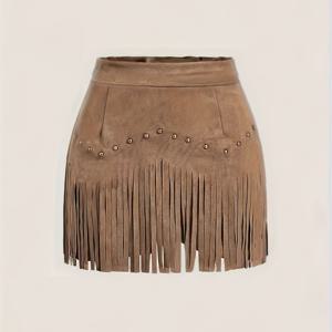 TEMU 여성용 빈티지 프린지 에이라인 스커트 - 프린지 헴 & 벨트 스타일 스터드 장식, 숏 길이 브라운 보호-시크 플레어 스커트, 캐주얼 & 포멀 웨어, 핸드워시 가능, 사계절 착용 (벨트 불필요) - 우아한 프린지 숏 스커트