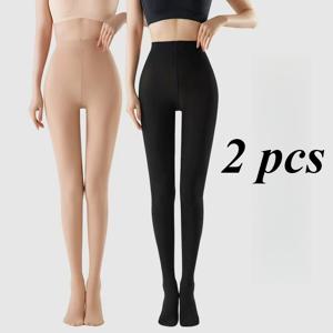 TEMU 여성용 두꺼운 겨울 타이츠 2매 세트 - 복부 제어 풀 레그 보온 (베이지/블랙) - 보풀이 되지 않는 심리스 레깅스, 스커트, 미디 스커트 및 청바지에 착용하기 적합 - 손세탁 가능한 불투명 롱 삭스