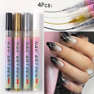 TEMU 4색 네일 아트 펜 (골드, 실버, 블랙 & 화이트 팁) - 손으로 그린 라인 & 드로스트링 디자인, 아크릴 페인트 네일 아트 도구 (웨어러블 네일 아트용)|네일팁