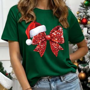 TEMU 여성 크리스마스 레드 스팽글 리본 프린트 티셔츠 - 캐주얼 라운드넥 반팔 상의, 반짝이는 리본 디자인, 봄 & 여름 파티, 크리스마스 파티 의상에 적합 | 반짝이는 리본 디자인 | 원단|반팔티|반팔티셔츠|반팔셔츠