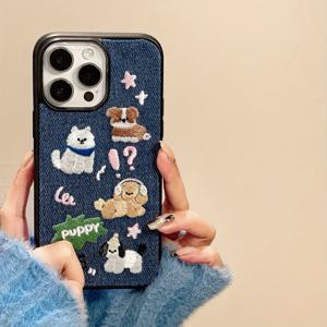 TEMU 블루 시리즈 캐주얼 데님 패브릭 멀티 스티치 자수 만화 캐릭터 강아지 고양이 일러스트 고급 풀커버 휴대폰 케이스, 17 Pro/16/15 Pro Max/14/13 호환, 일상 사용 사례,스타일리시 폰 케이스,재미있는 디자인,자수 디테일,내구성 있는 스티칭, 케이스,패션 애호가,스마트폰 사용자