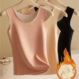 TEMU 여성용 보온 언더셔츠 3pcs - 두꺼운 겨울 레이어링 & 아웃도어용 - 민소매 라운드넥 중간 신축성 베이스 레이어 - 가을/겨울 다목적 속옷 (손세탁 가능) - 우아한 단색