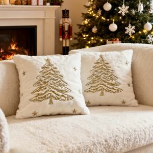 TEMU 1개 화이트 인조 토끼털 크리스마스 트리 자수 플러시 쿠션 커버, 18x18인치, 3D 북유럽 프렌치 럭셔리 스타일 장식 베개 커버 (소파 & 침실용), 속통 미포함, 폴리에스터 원단, 세탁기 사용 가능, 사계절 사용