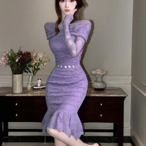 TEMU 고급스러운 보라색 후크 브러시 레이스 감성 여동생의 몸매 섹시한 힙업 드레스 여성용