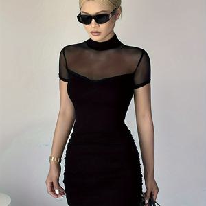 TEMU 여성용 섹시 레이스 패널 민소매 드레스 - 반투명 메쉬 & 솔리드 블랙 펜슬 스커트, 라운드넥 여름 캐주얼&포멀 원피스, 뒷면 스트랩 디테일, 기계 세탁 가능, 이브닝 웨어