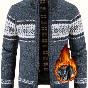 TEMU 남성 가을/겨울 스포츠 니트 가디건 스탠드 칼라 풀 지퍼 플로럴 패턴 기모 안감 긴소매 스웨터 (포켓 포함), 캐주얼 하이킹 야외 활동용 - 폴리에스터 니트 원단|스포츠