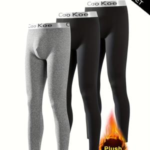 TEMU 3팩 남성용 기모 안감 스키니 레깅스, 롱 존, 스판덱스 니트 원단, 단색, 중간 신축성, 레귤러 길이, 봄/가을 캐주얼 웨어용 따뜻한 플러시, 두꺼움