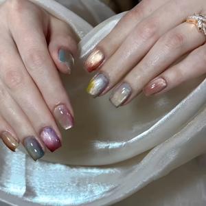 TEMU 모니나 30pcs 프레스 온 네일, 믹스드 컬러 레드 그라데이션, 사각형 롱 네일, 빛나는 마감, 핸드 페인트 캔디 글리터 캣 아이, 여성 휴일 선물에 적합합니다.