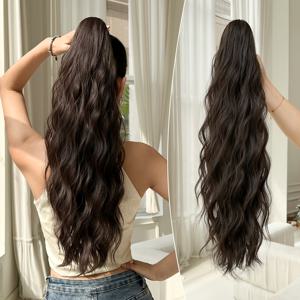 TEMU 다크 브라운 블랙 클로 모양의 포니테일 익스텐션, 라이트 브라운 24인치 워터 웨이브 내열성 섬유 합성 포니테일 가발, 여성용 일상용 짧은 머리 액세서리에 적합