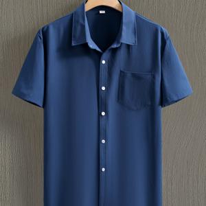 TEMU 남성용 캐주얼 반팔 셔츠 - 연두색 워시드 주름감, 통기성 여름 원단, 클래식 칼라 & 단추 앞면, 레귤러 핏, 솔리드 컬러 탑, 텍스처 마감, 플러스 사이즈