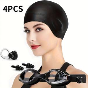 TEMU 4pcs 여성용 수영용품 세트 - 블랙 수영 모자, 안경, 코 클립 및 이어 플러그 - 방수 실리콘, 긴 및 짧은 머리용 대형 디자인 - 수영 및 수영 스포츠, 수영용품 액세서리| 수영용품|조절 가능한 안경