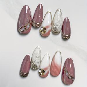 TEMU 핸드메이드 스터디 화이트 네일 아트 여성용 브라운 옴브레 캣아이 글리터 3D 메탈릭 가을/겨울 매니큐어 스티커 24개입