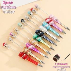 TEMU 12개(2개의 다이 펜 + 10개의 검은색 리필) 럭셔리 컬러풀 반짝이는 수제 보석 비즈 라운드 볼펜 세트, 랜덤 색상 DIY 펜 액세서리용, 휴일 만들기 및 선물 상자에 적합