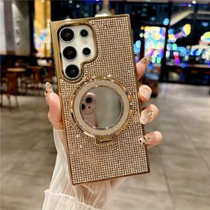 TEMU 스타일리시하고 고급진 자석 휴대폰 케이스, 메이크업 미러와 창의적인 스탠드가 장착된 공예품으로, 충격 방지 기능과 삼성 갤럭시 S25 울트라 및 S24와 호환 가능합니다.