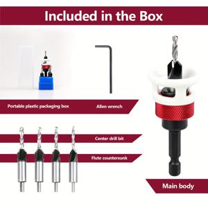 TEMU 목공용 카운터싱크 드릴 비트 세트, 2.8*8/3.2*8/3.5*10/4.0*10 네 가지 사이즈, 조절 가능한 깊이 제한 및 스톱 기능, 눈금 포함, 육각 핸들, 나사 구멍 확장 및 카운터보링용 드릴 도구