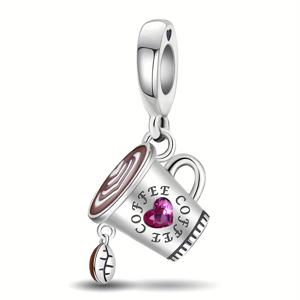 TEMU 925 실버 플레이트 하트 커피 컵 펜던트 - 핑크 인조로 인쇄된 