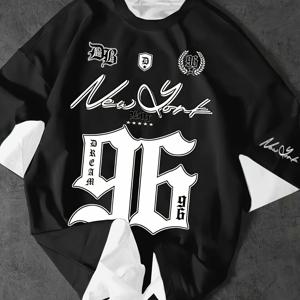 TEMU 남성용 플러스 사이즈 로스앤젤레스 96 그래픽 티셔츠 - 통기성 스트레치 니트 원단, 캐주얼 스포티 저지 스타일 블랙 & 화이트 대각선 줄무늬, 라운드 넥, 체육관 및 파티용 세탁 가능, 편안한 핏, 운동복, 도시 패션, 신축성 있는 소재, 프린트 셔츠, 피트니스 애호가용