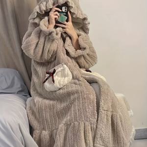 TEMU 여성용 겨울 플러시 후드 기모노 가운 - 두꺼운 코랄 플리스 잠옷 드레스와 레깅스 스타일 팬츠, 포근한 수면복, 세탁기 사용 가능한 긴 하우스코트