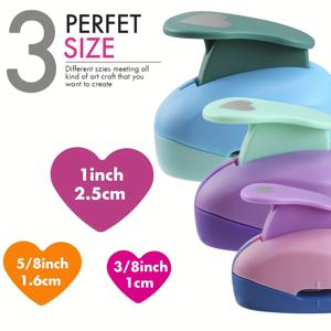 TEMU 3pcs 하트 홀 펀치 - 수제 스크랩북 도구, 1인치, 5/8인치 및 3/8인치 크기, 결혼식 공예, 인사 카드, DIY 앨범 및 사진을 위한 - 밝은 색상 (핑크, 블루, 그린, 퍼플), 스크랩북 액세서리, 인사 카드 장식, 재미있는 디자인, 내구성 있는 플라스틱