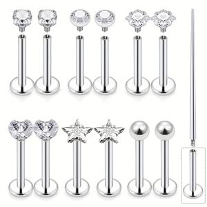 TEMU 13pcs 16G 입 라브레트 미더스 링 스타드 내부 스레드 수술 304 스테인레스 스틸 뱀 물리 입 링 플랫 백 카티지 트라구스 헬릭스 다이스 귀걸이 피어싱 여성 남성용 보석