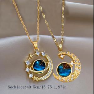 TEMU 2pcs 문 다이얼링 넥레이스 - 블루 캣 아이 & 스파크링 라인스톤이 있는 골드 알로이, 커플 및 친구에게 완벽한 일상 착용 또는 데이 선물, 일상용 보석|천상 테마|내구성 있는 보석