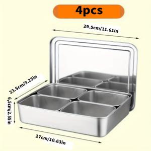 TEMU 스테인리스 스틸 4/8 구획 조리제품 정리함, 뚜껑 및 숟가락 포함 - 다목적 주방 보관 트레이, 향신료, 허브, 견과류 등에 적합 - 요리, 식품 제공, 식사 준비에 이상적, 주방 보관 솔루션 | 세련된 금속 마감 | 내구성 있는 구조, 주방 정리 및 보관