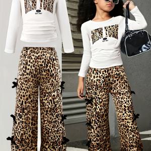 TEMU 소녀용 드레스 세트 2pcs - 리본 & A-Z 프린트 티셔츠 & 긴 바지, 긴팔 라운드넥 블라우스, 세탁기 사용 가능, 봄/가을 아동복, 소녀 & 어린 소녀용 2pcs 매칭 세트, 야외 활동에 완벽