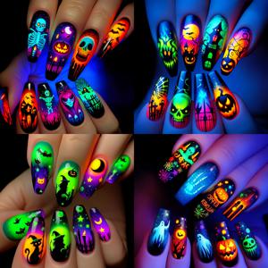 TEMU 96피스 할로윈 프레스온 네일 세트, 해골 성 호박 박쥐 디자인 재사용 가능 손톱, 스타일리시 할로윈 시리즈 네일 아트 키트