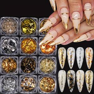 TEMU 12병 골든 호일 플레이크, 반짝이는 초박형 알루미늄 골드 실버 로즈 골드 네일 아트 플레이크 디자인, 홀로그래픽 네일 글리터 골드 호일 키트 - 레진, 에폭시, 메이크업, 주얼리용