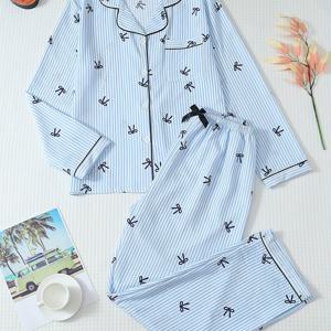 TEMU 여성용 투피스 가을/겨울 리본 프린트 긴팔 버튼업 상의 및 바지 파자마 세트, 홈웨어, 캐주얼 스타일, 라펠 칼라, 성인 사이즈, 캐주얼 웨어| 패턴|버튼업 탑, 여성용 파자마