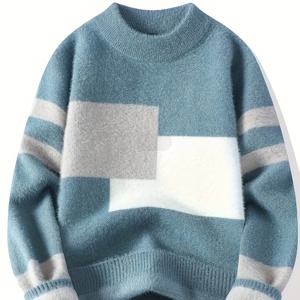 TEMU 남성 청소년용 겨울 스웨터 - 부드러운 블루 & 화이트 컬러 블록, 라운드넥 긴팔 니트 풀오버 (세미포멀/캐주얼), 학교·데이트에 적합한 따뜻하고 편안한 디자인(손세탁/드라이클리닝)
