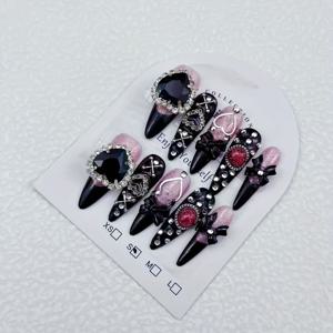 TEMU 1개 10개 다크 럭셔리 실버 본 핑크 플레임 하트와 나비 다크 심포니 2K 핫 순수 수제 착용 가능한 네일 아트, 아몬드 모양, 긴 길이, 광택 마감, 줄무늬 패턴, ABS 소재, 네일 아트 용품 | 우아한 네일 디자인 | 광택 마감 네일, 네일 아트 키트, 고딕 네일, 아몬드 롱 프레스온 네일, 블랙 네일, 네일 포|네일팁