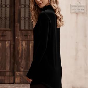 TEMU 여성용 롱 슬리브 보온 티셔츠 - 220g 헤비웨이트 A라인 오버사이즈 하이넥 탑, 사계절 레이어링 셔츠, 비대칭 칼라, 캐주얼 & 포멀 웨어용 블랙 & 솔리드 컬러 베이스 (벨트 불필요)