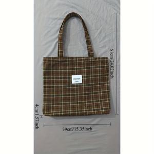 TEMU 1개 's 대형 타탄 체크 토트백 - 커피 브라운 스코틀랜드 타탄 (블랙/화이트/베이지) 핸드백, 내구성 있는 지퍼 클로저, 가을 아웃핏, 추수감사절 선물용 넉넉한 캐주얼 파우치, 내구성 있는 캐리올