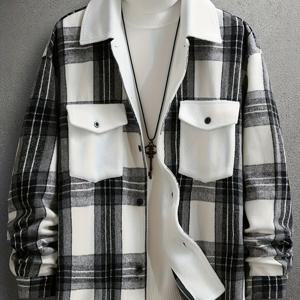 TEMU 남성용 블랙 & 화이트 체크 겨울 코트 - 칼라 재킷 가슴 포켓, 세탁기 사용 가능 블랙/화이트/그레이 트렌치 코트, 가을 & 겨울 캐주얼 & 포멀 웨어 (없음)