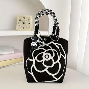 TEMU 2개 세트 (1가방+1펜던트) 일본 및 한국 스타일 새로운 동백꽃 니트 토트백, 대용량 버킷백, 캐주얼 다용도 출퇴근용 휴대용 핸드백, 지갑, 여행 야외 화장품 정리함, 여성 가방 액세서리, 야외 액세서리 캐리어,메이크업 파우치 정리함,화장품 정리 가방,일본 한국 디자인,격자 무늬 꽃 프린트|화장품정리함