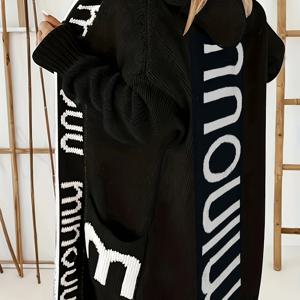 TEMU 캐주얼 후드 스웨터 - 볼드 레터 프린트, 스트레치 풀오버, 앞 포켓 & 조절 가능한 드로스트링 후드, 봄/가을용 티럴 컬러, 편안한 핏, 기능성 포켓, 가을 패션, 스트릿웨어 스타일, 부드러운 소재, 주말 착용|가디건