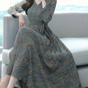 TEMU 프린팅 허리 슬림 드레스, 긴팔 원피스, 봄가을 여성 의류, 패셔너블하고 트렌디, 캐주얼 및 출근룩, 편안한 소재, 우아하고 고급스러운 디자인, 정장과 캐주얼 모두 어울림, 해변에서도 착용 가능