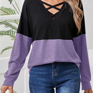TEMU 플러스 사이즈, 여성 캐주얼 긴팔 티셔츠 - 컬러 블록 V넥 크로스 스트랩 디자인, 블랙 & 올리브 그린, 세탁기 사용 가능, 봄 여름 가을 필수 아이템, , 스타일리시 풀오버, 편안한 핏, 캐주얼 웨어