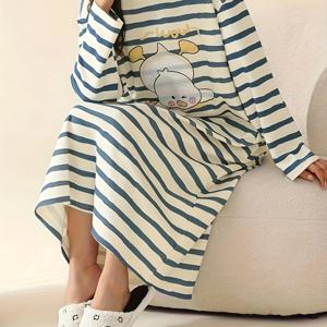 TEMU 여성용 사계절 롱슬리브 나이트가운 - 귀여운 애니메이션 스타일 카와이 스마일링 페이스 & 프린트 파자마 드레스, A라인 길이 잠옷 가운, 세탁기 사용 가능한 파자마