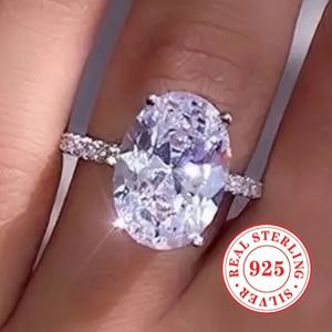 TEMU 1pc 여성의 약혼 반지 4-prong 인레이 오발 컷 지르코니아 반지 S925 순 은빛 신부 결혼 반지 보석 기념일 선물