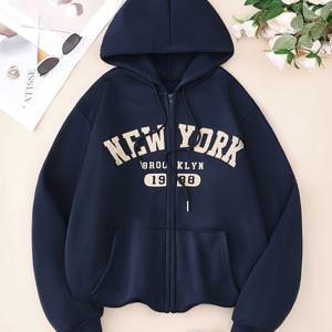 TEMU 레터 프린트 지퍼 후드 스웨트셔츠, 캐주얼 긴팔 경사 포켓 드로우스트링 재킷 (가을 & 겨울), 여성 의류