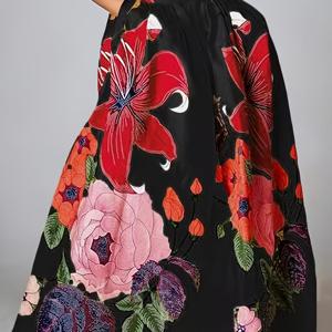 TEMU 봄과 가을을 위한 우아한 신축성 있는 하이웨스트 맥시 스커트, 플로랄 프린트 포켓 디자인, 여성 의류