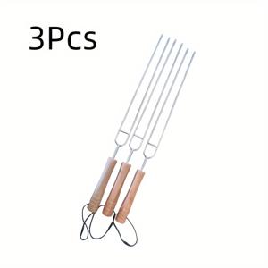 TEMU 옥외 바베큐 바베큐 포크 스테인리스 스틸 바베큐 포크 3개 U자형 핫도그 포크 텔레스코픽 U자형 나무 손잡이 옥외 둥근 포크