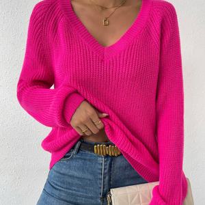 TEMU 생동감 넘치는 컬러 V넥 니트 스웨터, 가을과 겨울을 위한 캐주얼 라글란 소매 풀오버 스웨터, 여성 의류