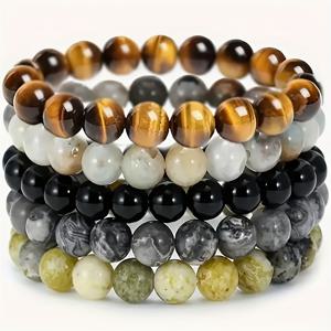 TEMU 타이거 아이 & 인디언 아게이트 천연석 비즈 5개 세트 - 남성용 탄성 코드 팔찌 (마블링/라인/레드 베이닝/핑크 제브라 패턴) - 데일리웨어, 파티, 선물 (발렌타인데이, 아버지의 날) - 사계절 착용 가능