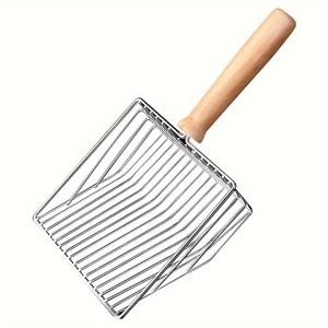 TEMU 목제 손잡이가 달린 대형 스테인레스 스틸 고양이 사료 스크루 - 내구성, 미끄럼 방지, 효율적인 폐기물 분리, 쉽게 보관할 수 있는 걸이형 디자인, 가정용 애완 동물 관리에 이상적, 고양이 액세서리